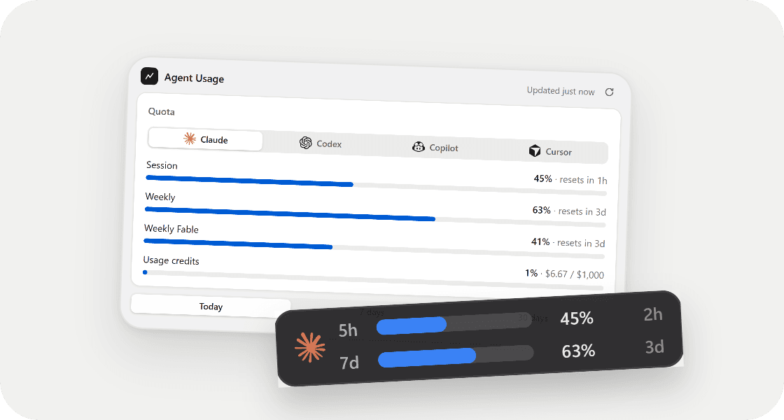 The Agent Usage tray popup showing session and weekly quotas, next to a compact widget with 5h and 7d usage bars.