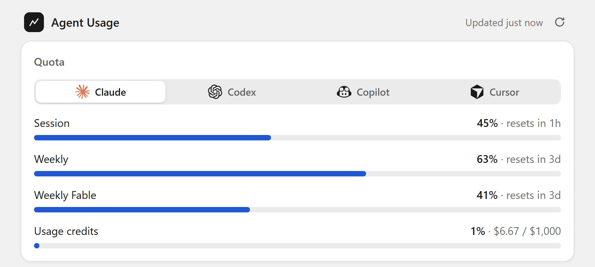 The Agent Usage tray popup showing session and weekly quotas, next to a compact widget with 5h and 7d usage bars.