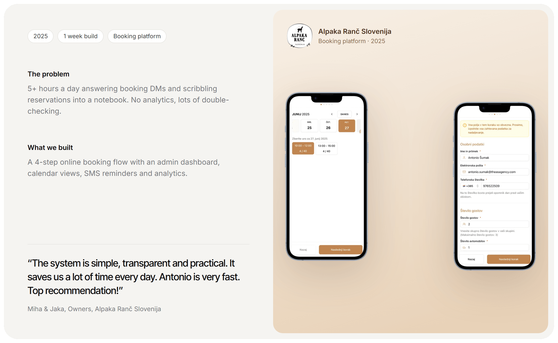 The Alpaka Ranč case study: the problem, what we built, and the owners' quote next to two phones showing the booking flow.