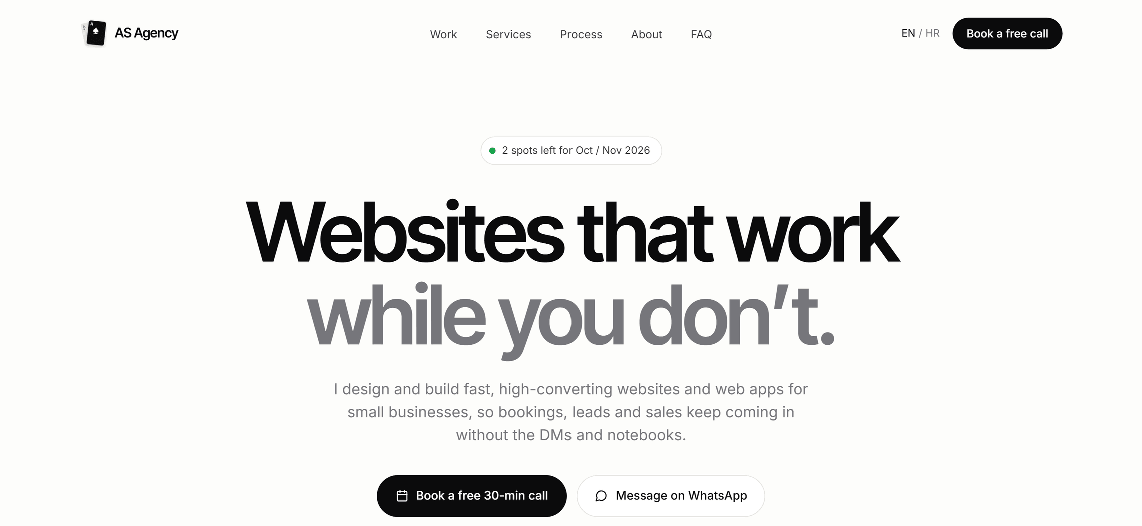 The AS Agency homepage, "Websites that work while you don't.", with a +318% more bookings card tilted over its corner.