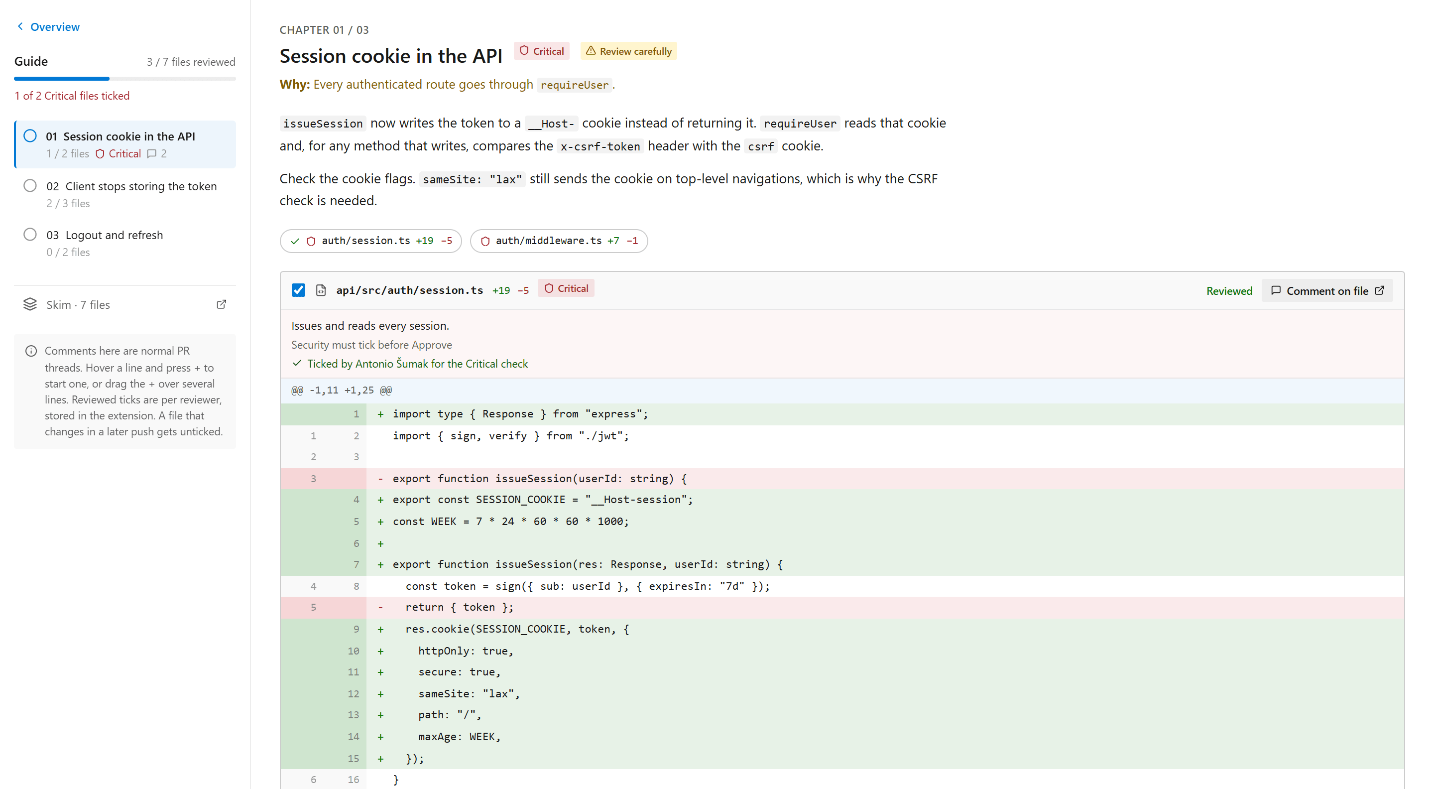 Chapter 01, Session cookie in the API: the chapter's prose, then the diff of session.ts, ticked as reviewed.