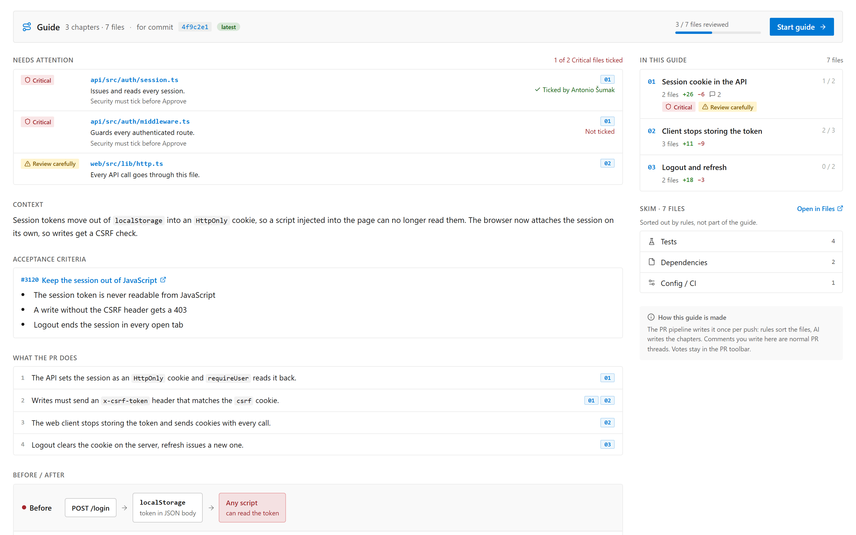The Guide overview: Needs attention with two Critical files and one Review carefully, context, acceptance criteria and steps, with three chapters and the skim groups on the right.