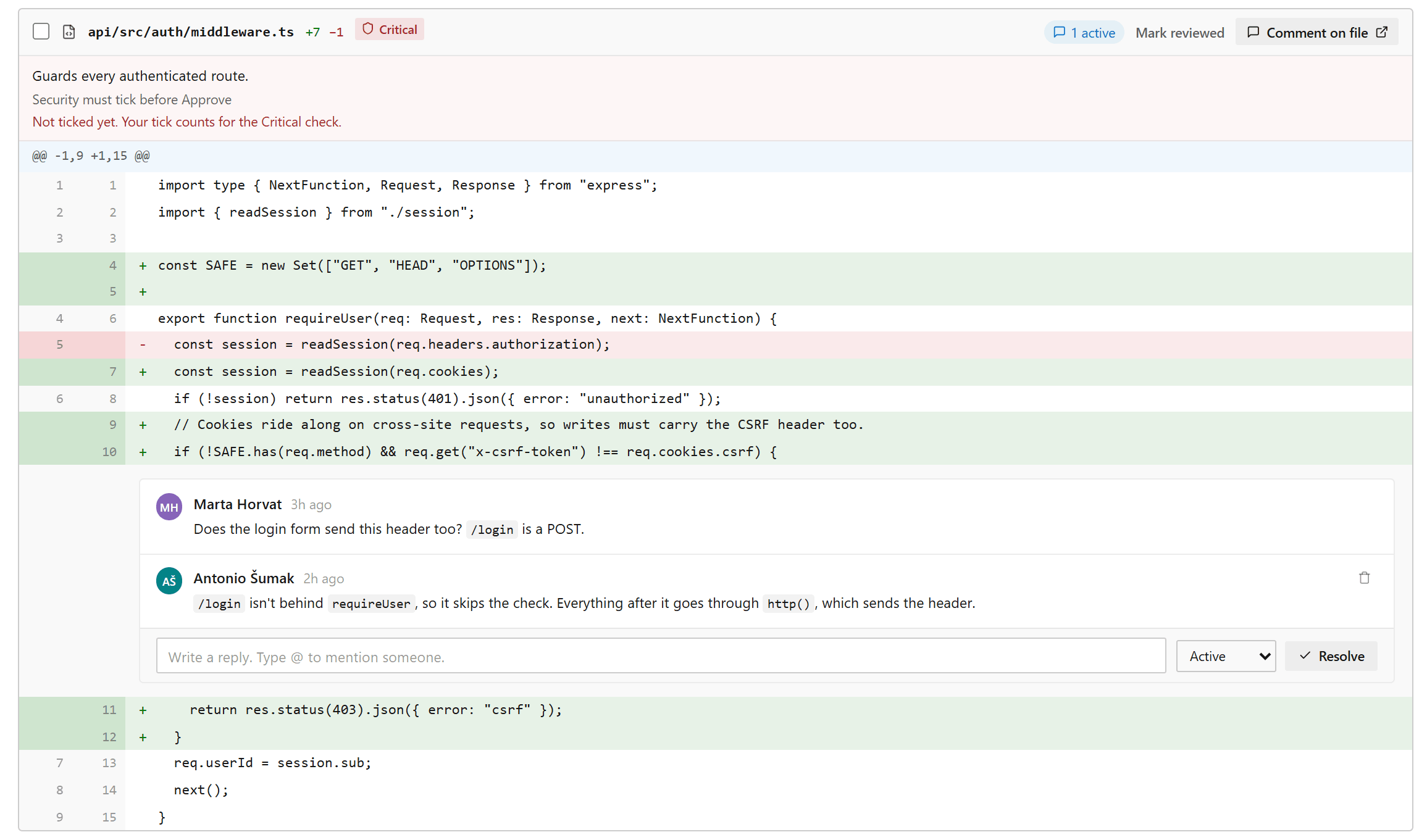 A reviewer's question on the CSRF check in middleware.ts, with a reply, right under the line it's about.