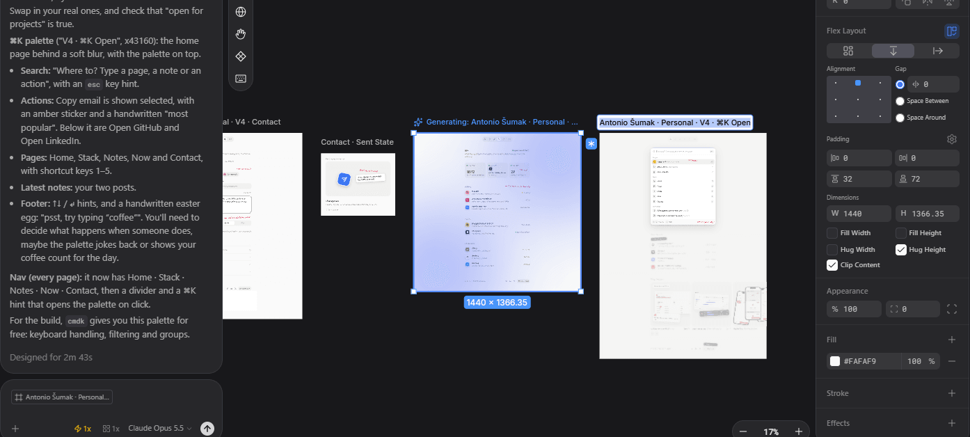 The pen.dev canvas with this site's page designs, the agent panel on the left and a note asking to tighten the stack cards.