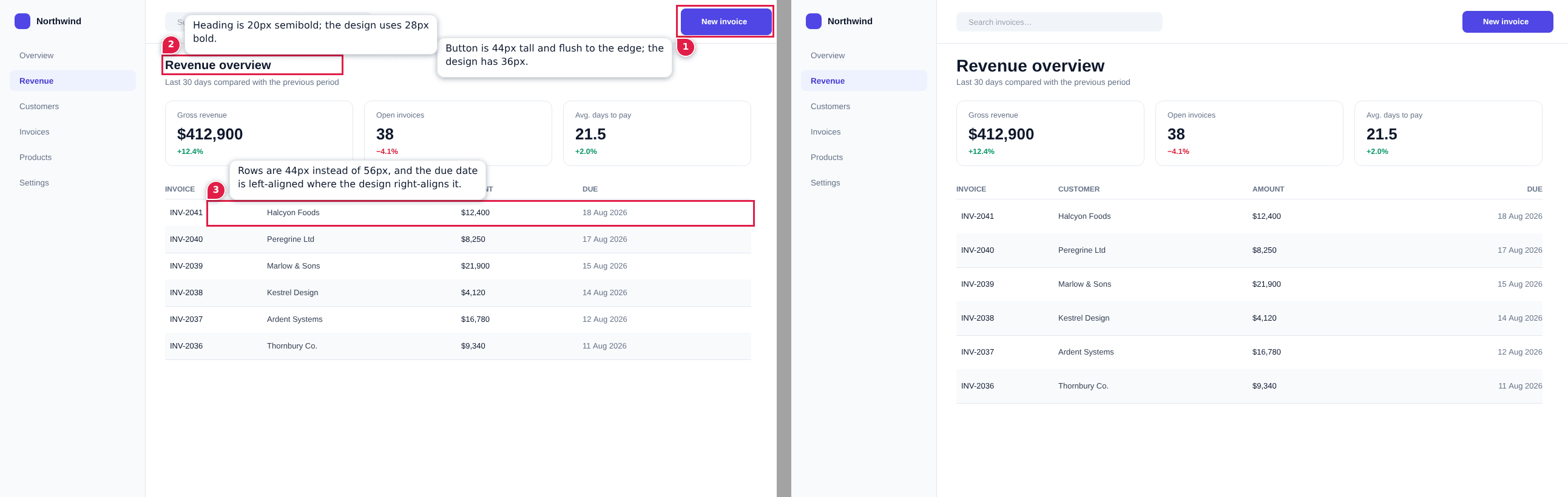 A report: the implementation capture with numbered notes on the left, the design reference on the right.